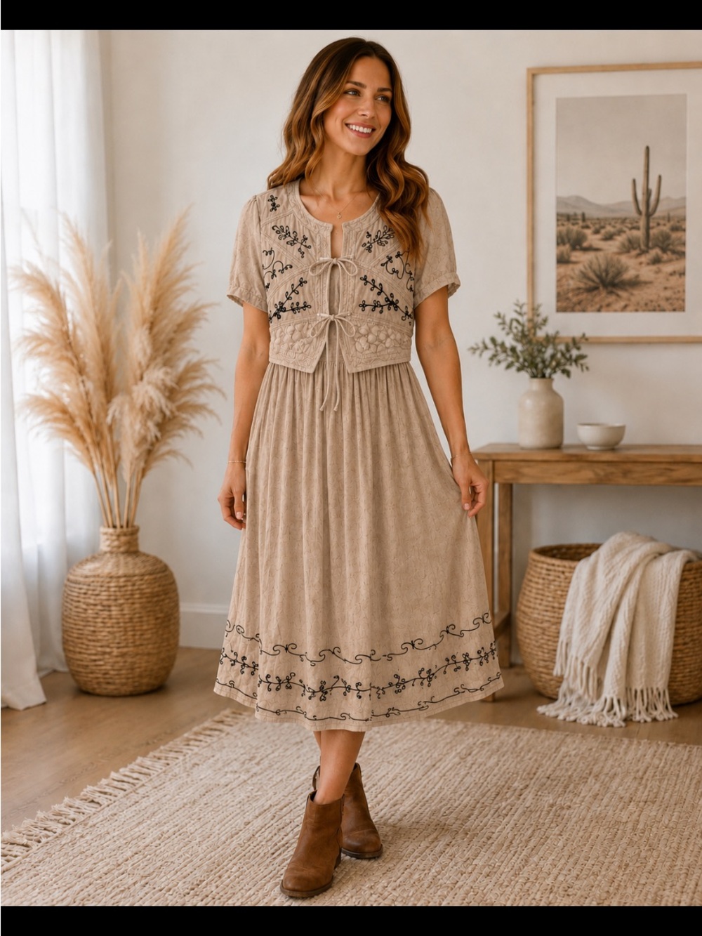 Vintage MPH Beige Embroidered Tie-Front Midi Dress Small